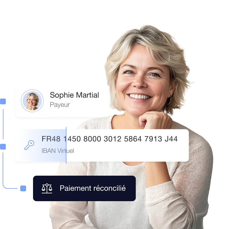 Portrait d’une usagère souriante identifiée par un IBAN virtuel, avec un paiement automatiquement réconcilié via la solution Piloc.