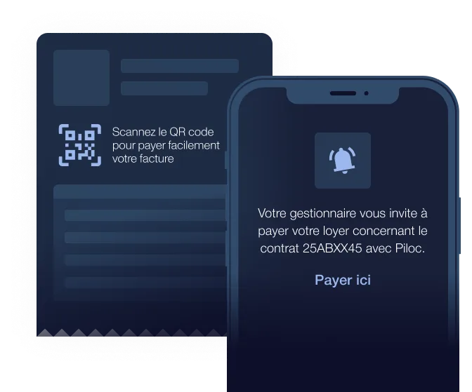 Illustration d’une facture avec QR code et d’une notification mobile invitant un usager à payer son loyer via Piloc, avec lien direct vers le paiement.