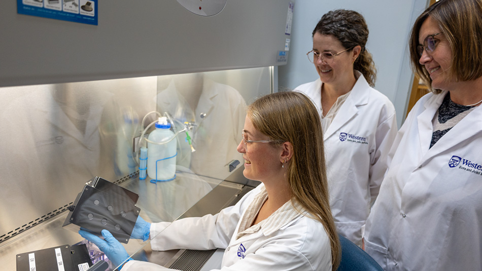 Scientist gathered around looking at an object