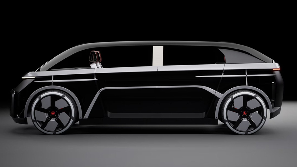 Project Arrow Borealis, an all-Canadian electric concept vehicle prototype, shown from the exterior as a sleek autonomous, living-and-working-space design.