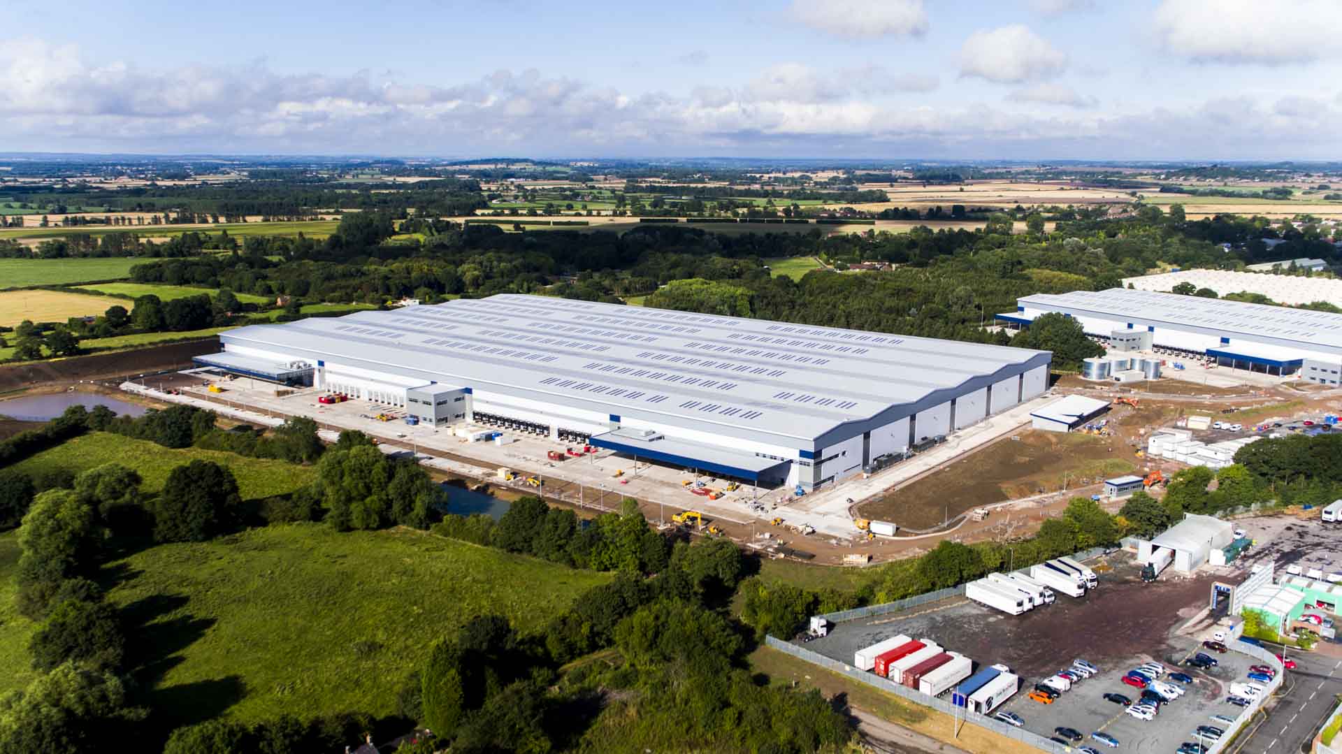 Aerial view of the Defence Fulfilment Centre in Telford, a large warehouse set in open countryside