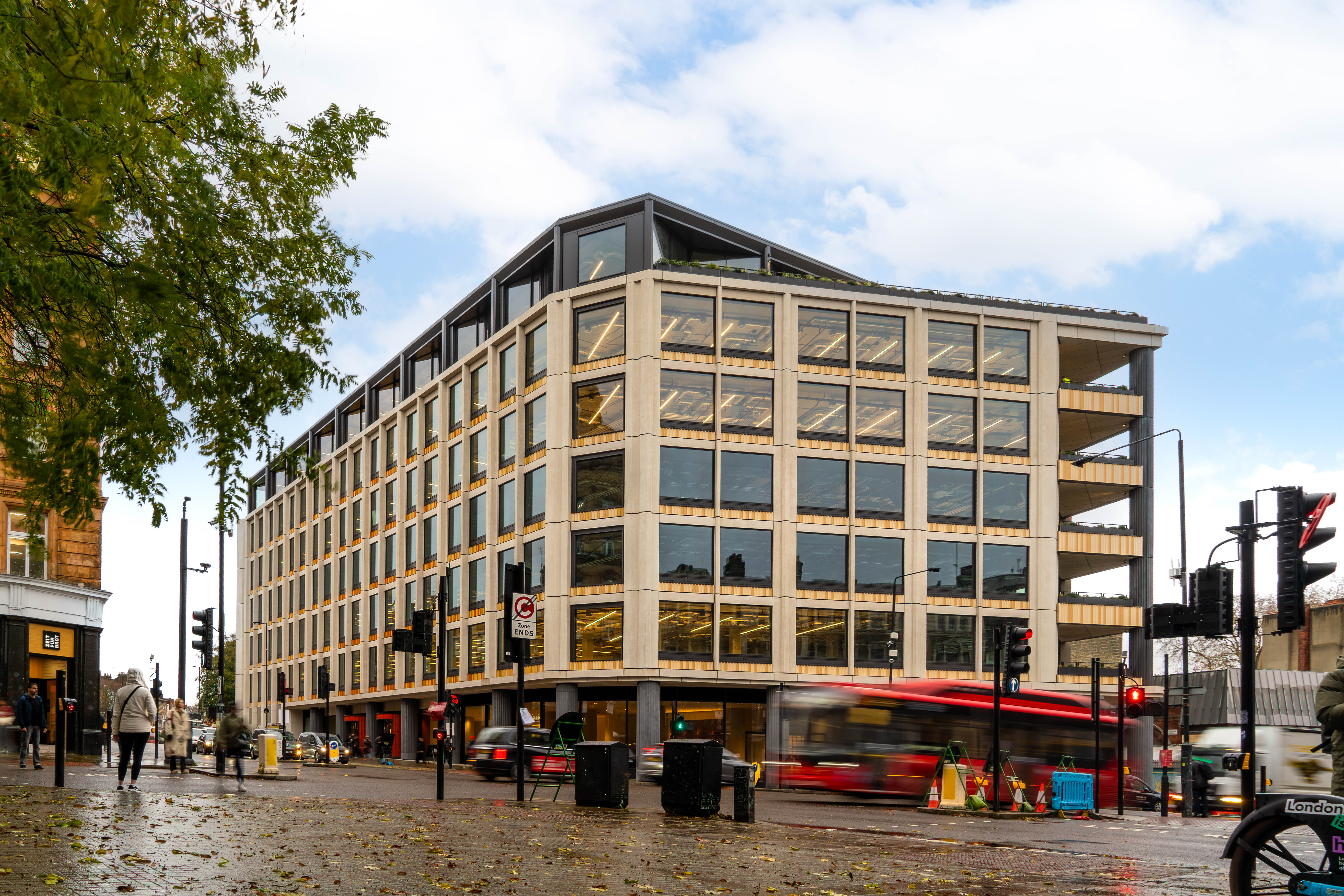 Angel Square, a refurbished and extended office building on a busy London street corner