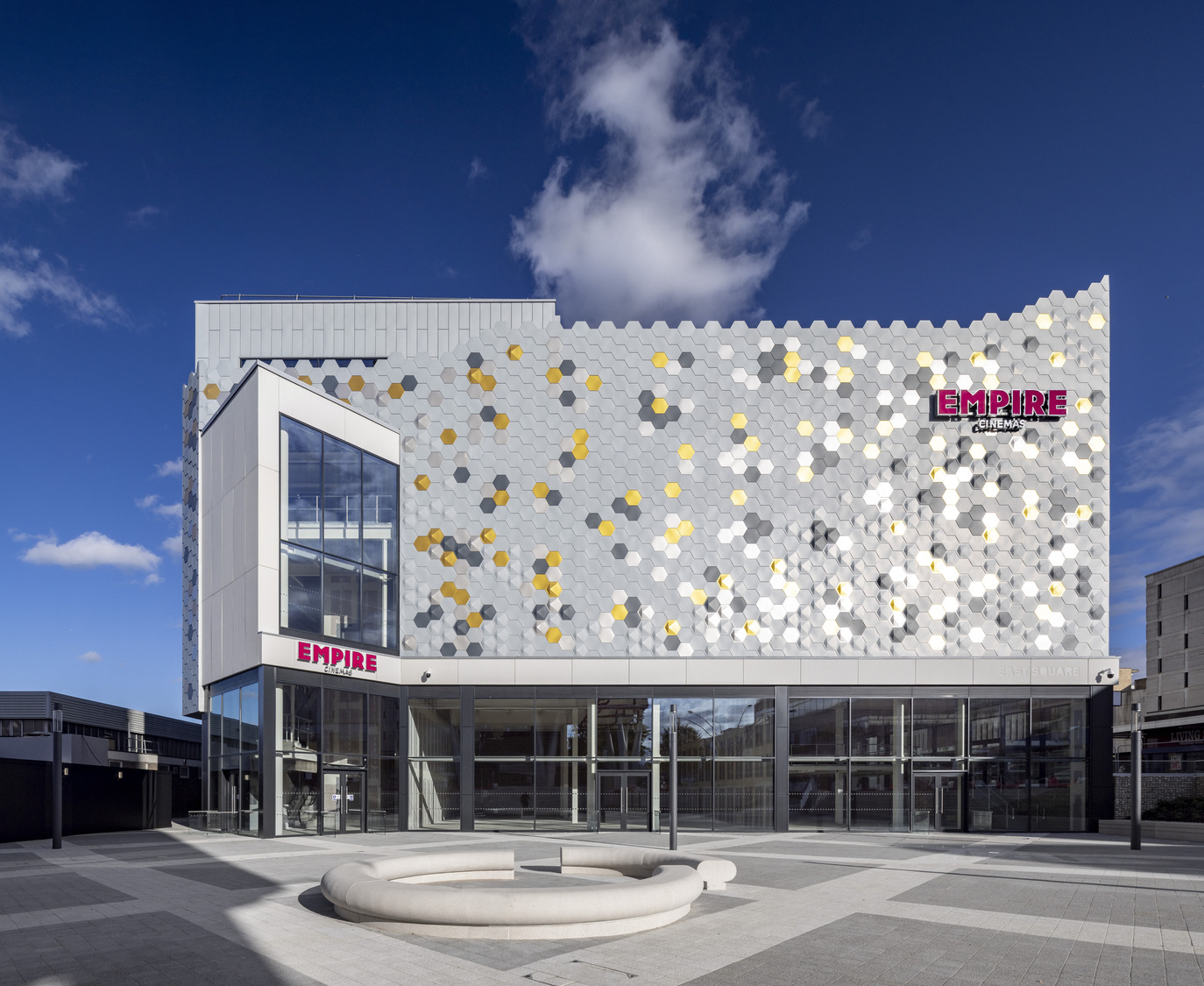 East Square Cinema in Basildon, with a hexagonal-panelled facade and Empire signage