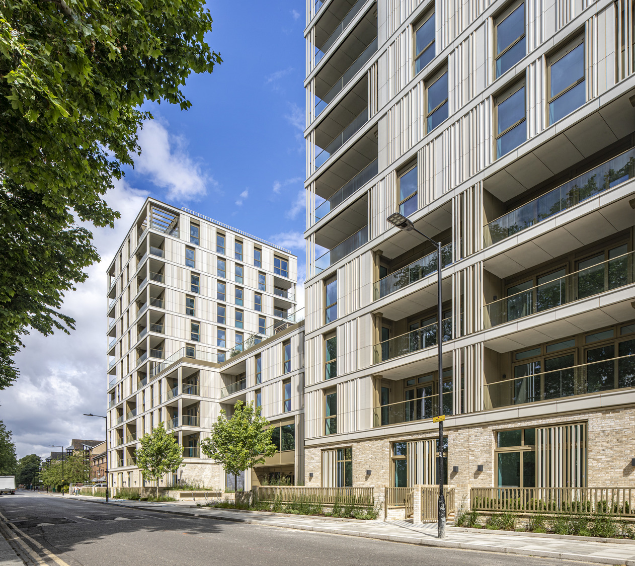 The Otto & Nightingale residential blocks on a tree-lined street in Hackney