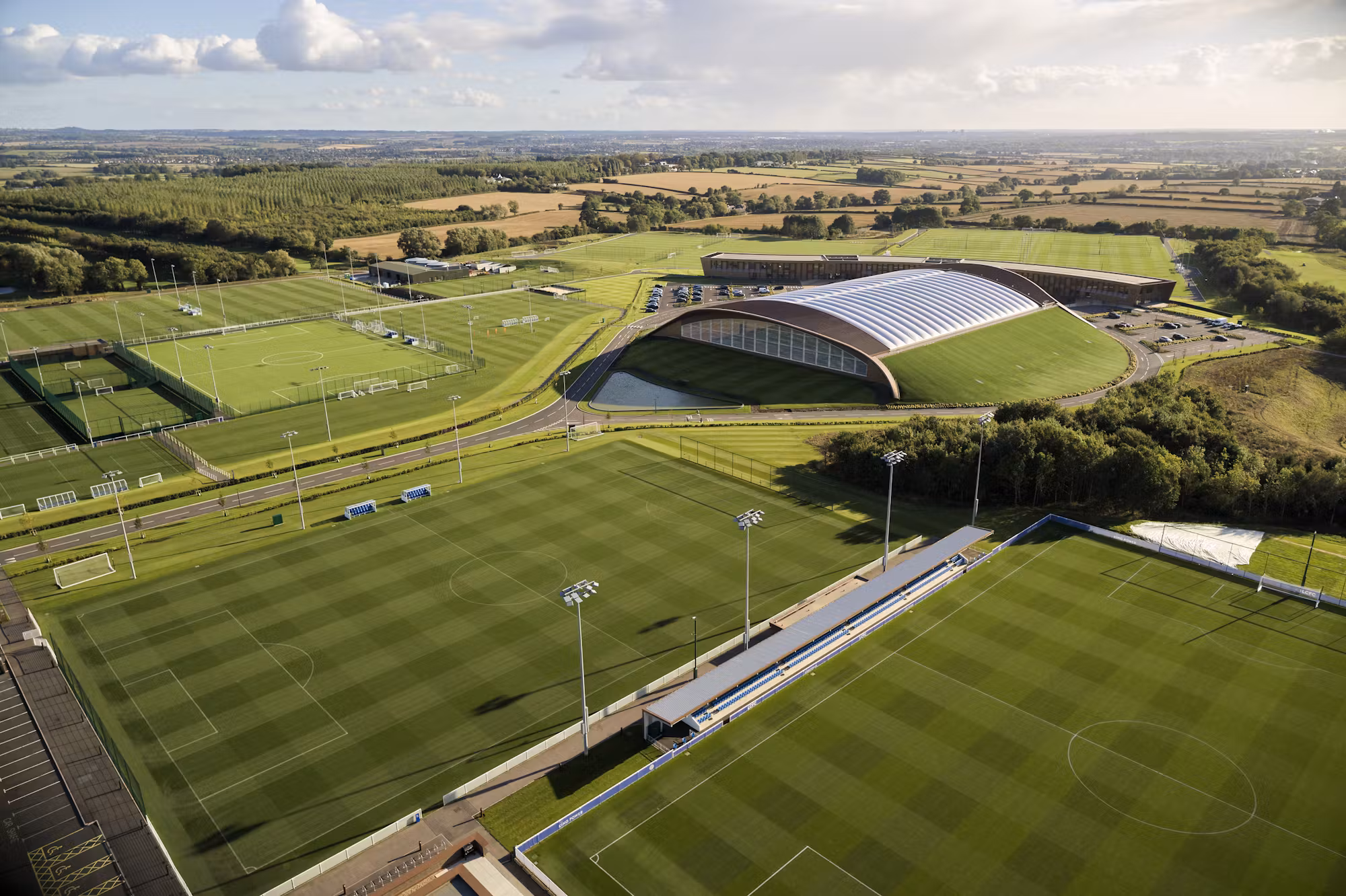 Aerial view of Leicester City FC Training Ground with its pitches and indoor dome