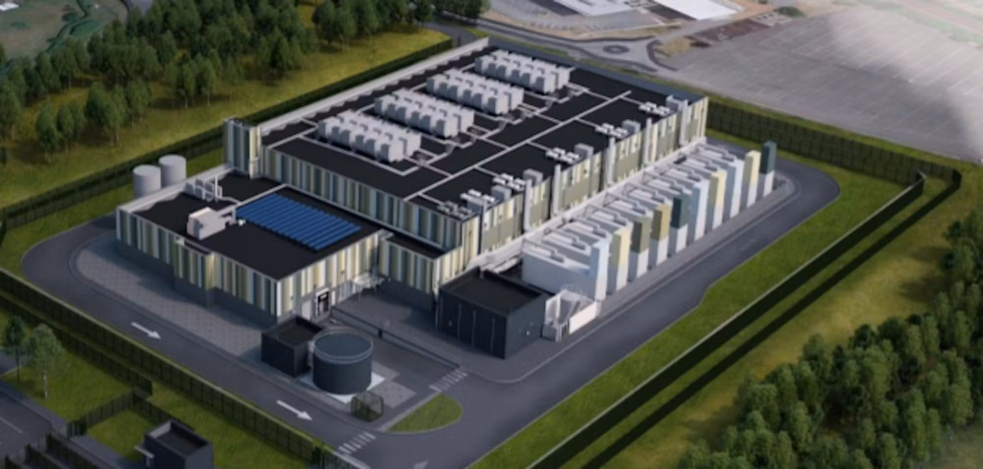 Aerial CGI of the Bracknell data centre, with rooftop plant and a perimeter of trees