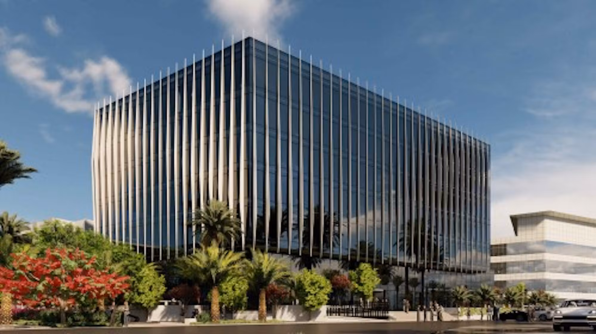 CGI of 6 Falak, a six-storey glass office building in Dubai Media City, framed by palm trees