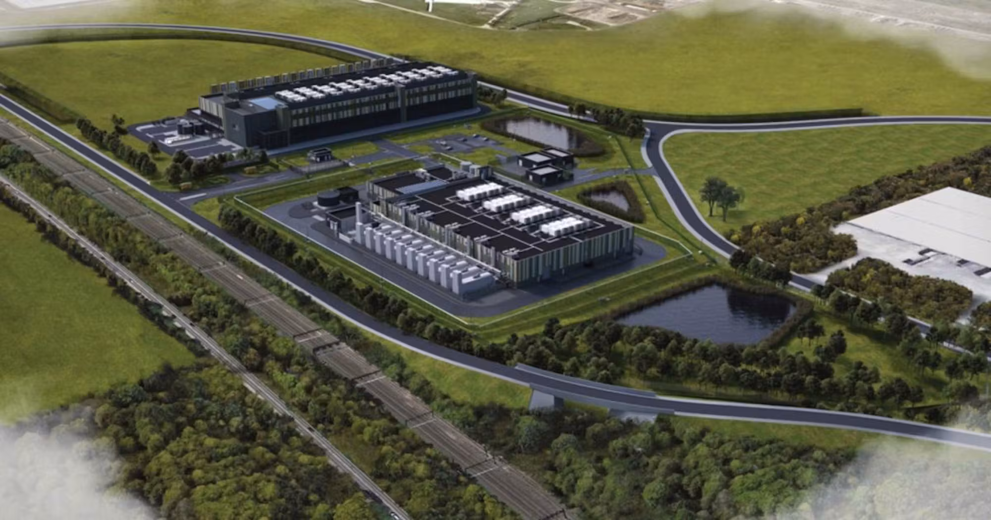 Aerial CGI of the single-storey data centre at Didcot, set among fields and woodland