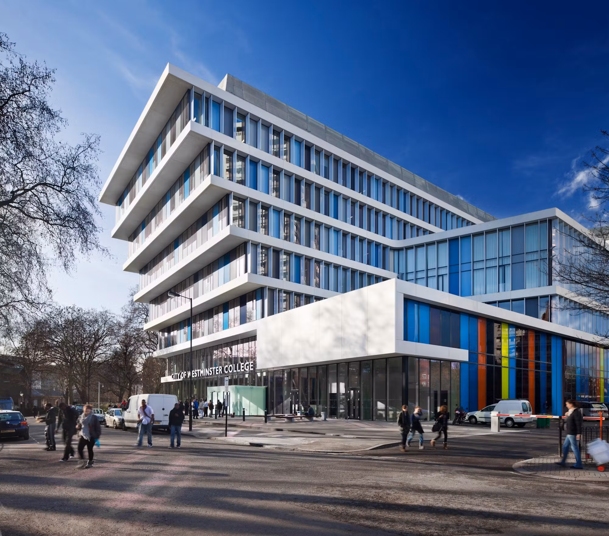 City of Westminster College in Paddington Green, with stacked glass floors cantilevered over the street