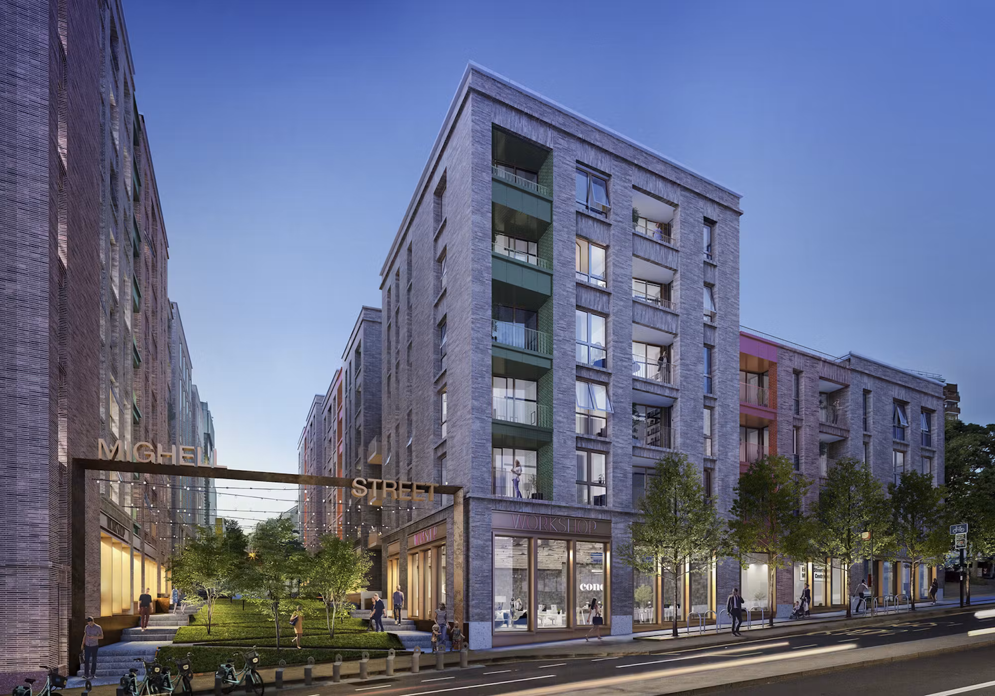 CGI of Edward Street Quarter in Brighton, with brick residential blocks around a planted public space