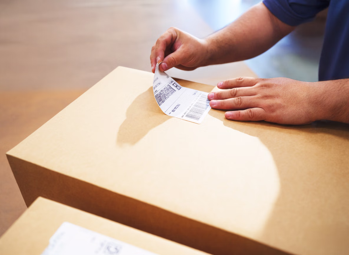 A person carefully affixes a shipping label to a brown cardboard box on a wooden table, surrounded by other boxes.