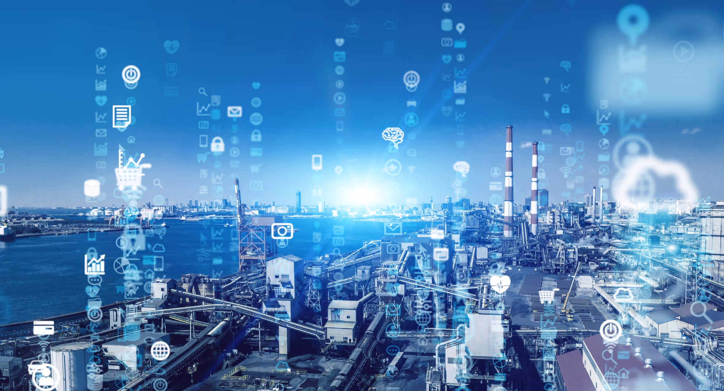 Image of city with cloud theme icons going up to sky