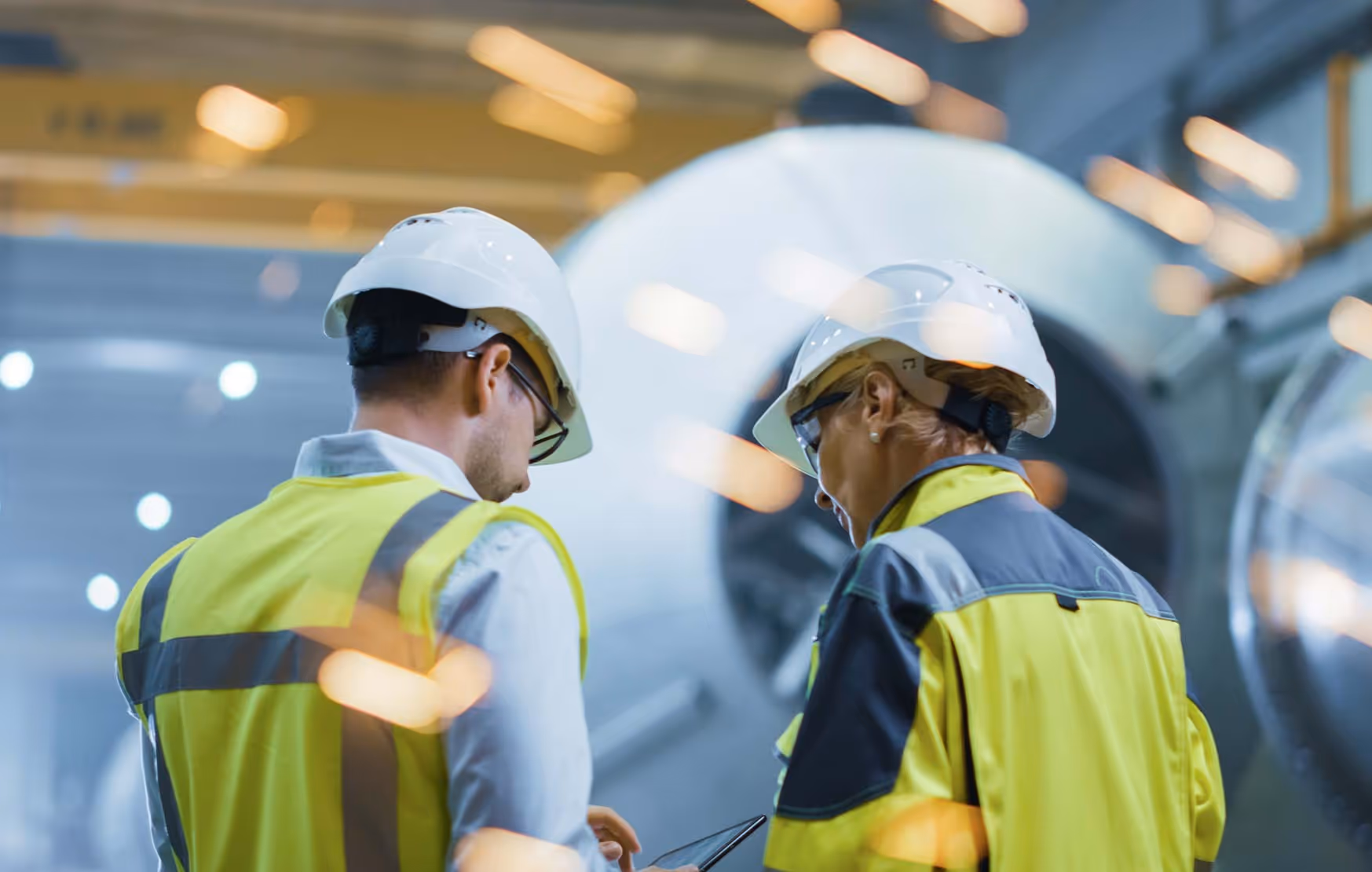 2 workers with safety gear in a factory