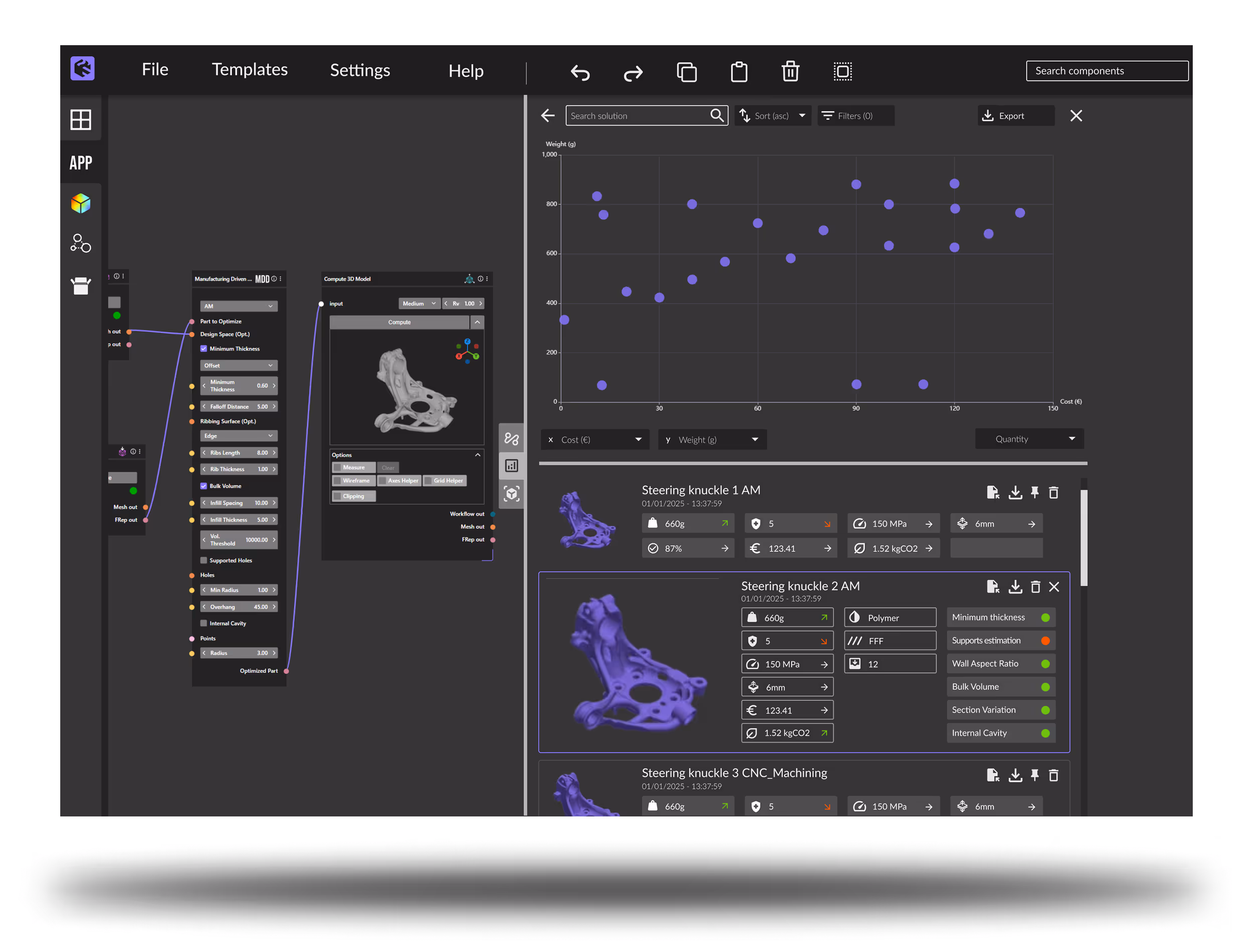 3D modeling software interface showing steering knuckle designs, optimization settings, and a scatter plot of cost versus weight.
