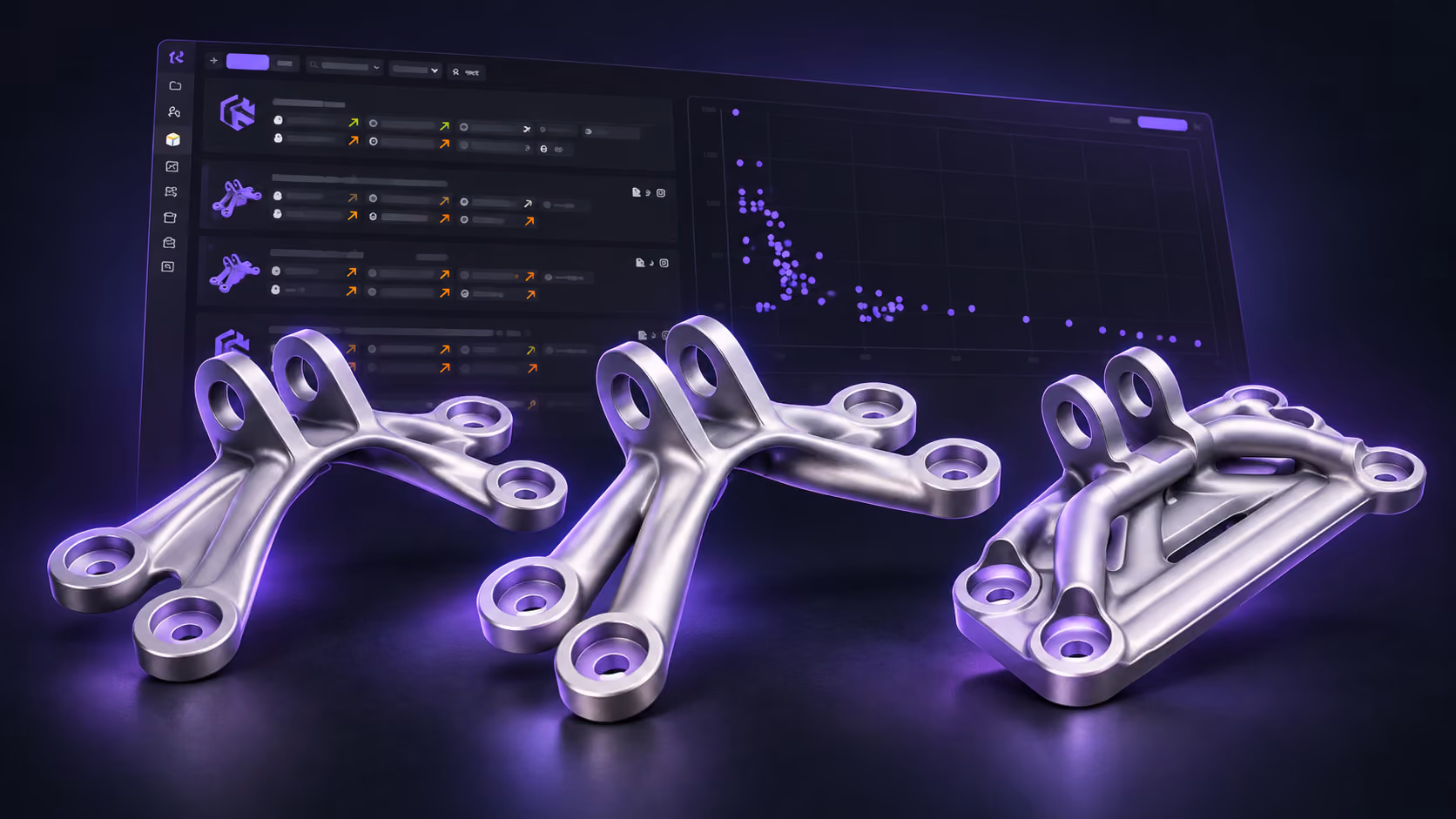 Three titanium bracket concept variants in front of the Design Explorer dashboard