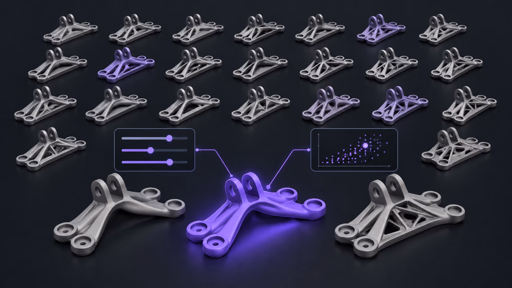 Bracket concepts generated by Design of Experiments, with one variant linked to its parameters and comparison data