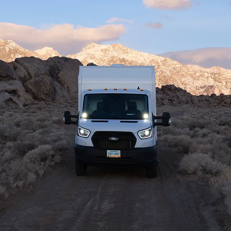 front view of aeonrv with mountains in the background