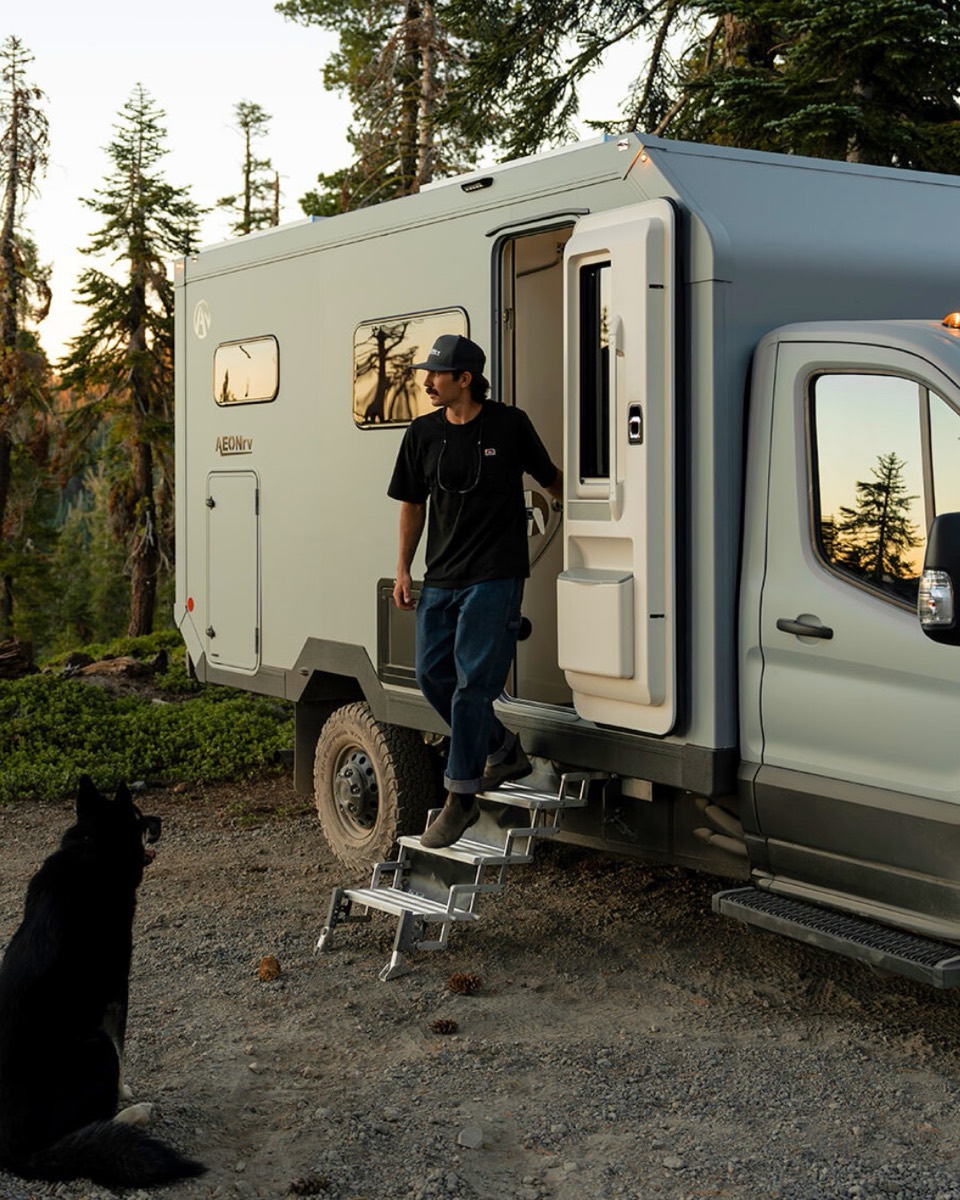 Owner and dog at the AEONrv doorway