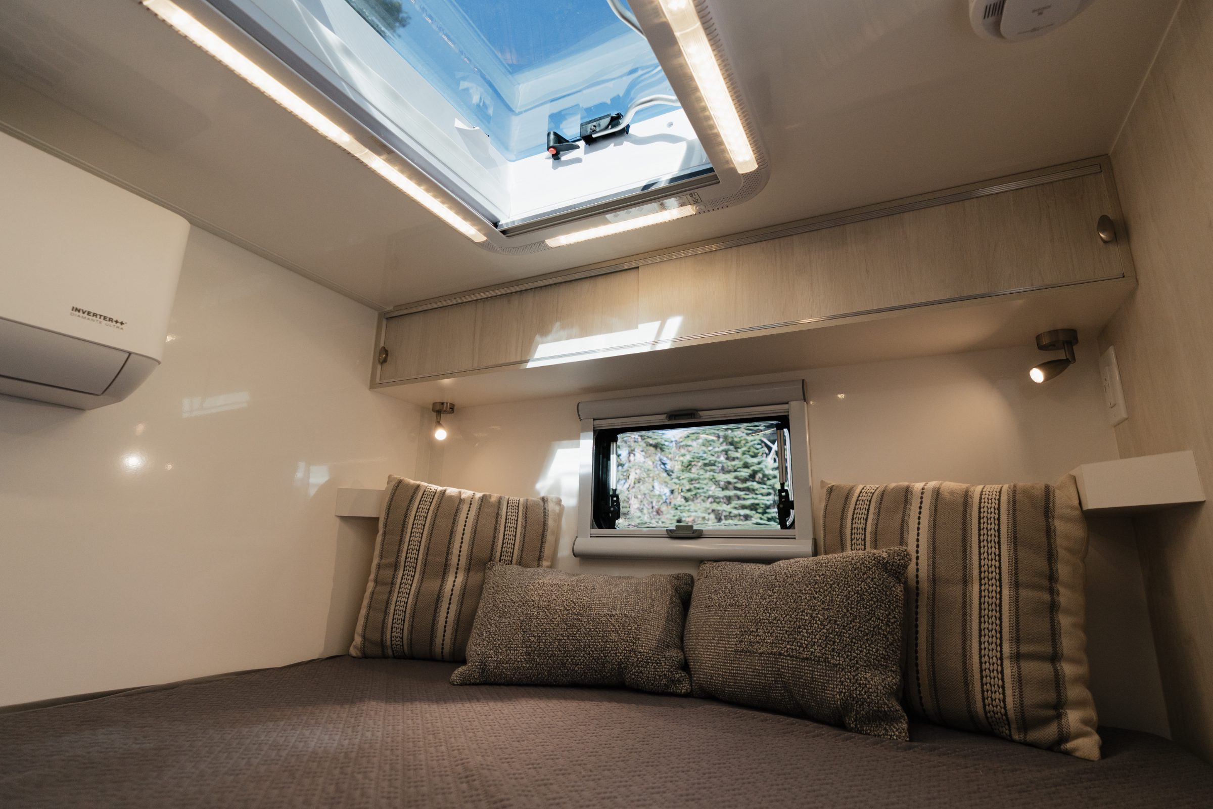 AEONrv bedroom under the opening skylight