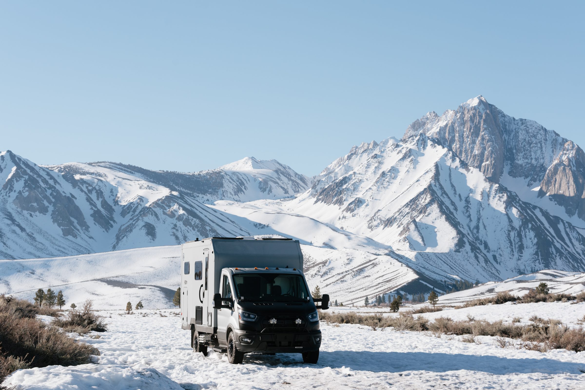 AEONrv parked in snow in the Sierras