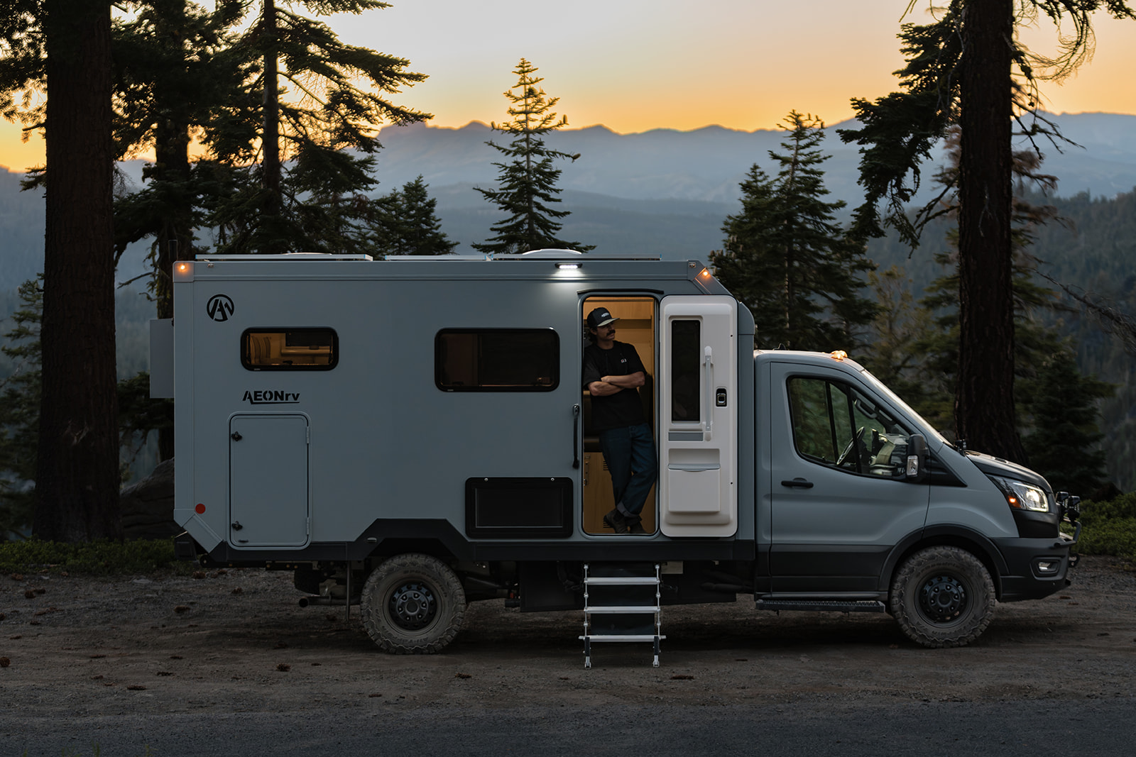 AEONrv on the open road at sunset
