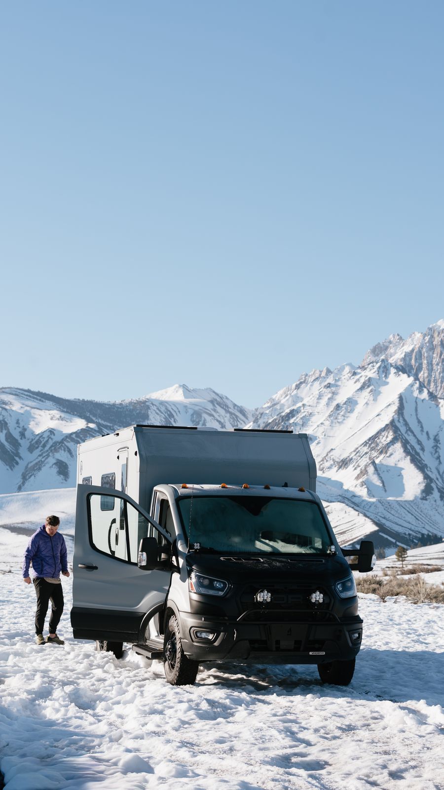 AEONrv parked in the snow below the Sierra