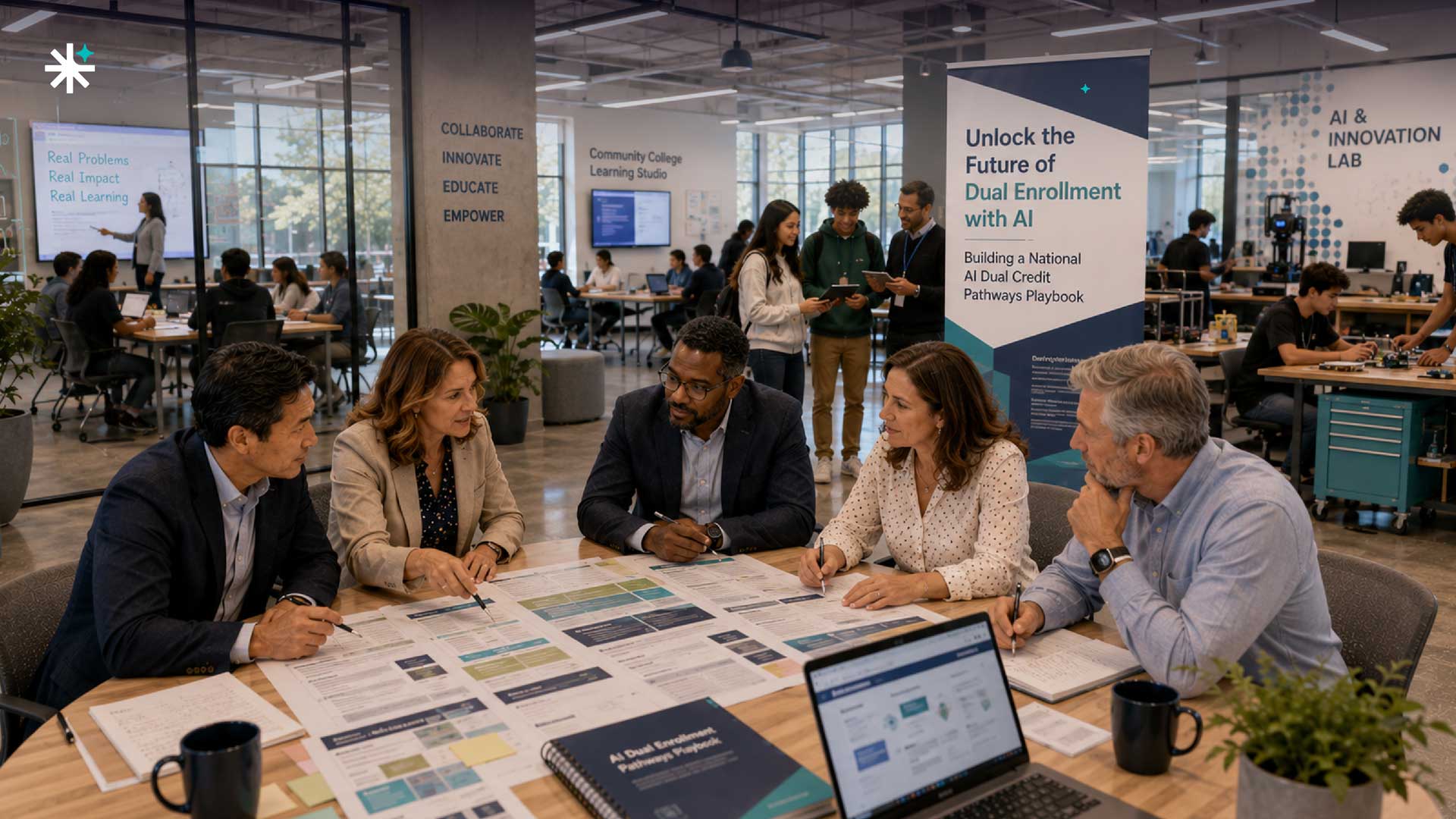 Community college and high school leaders collaborating on AI dual enrollment pathways