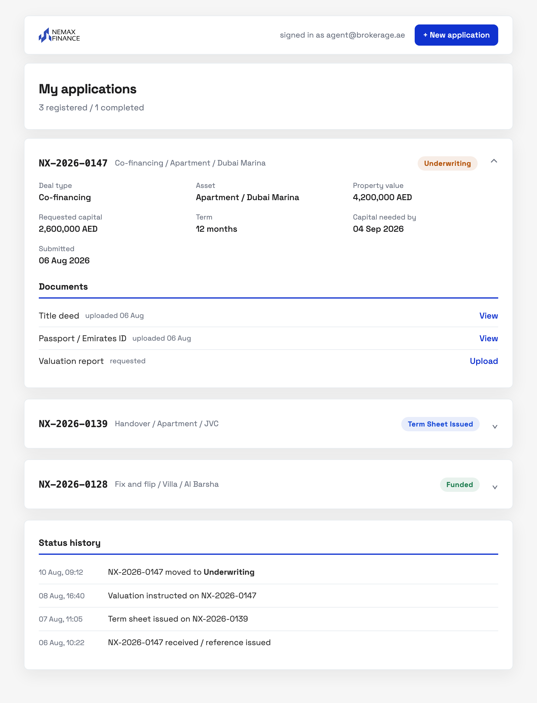 Broker account: every deal with its own reference number, stage, documents and status history