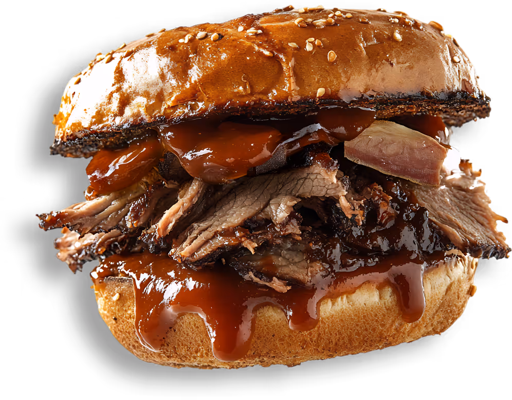 A Brisket Sandwich with BBQ Sauce.