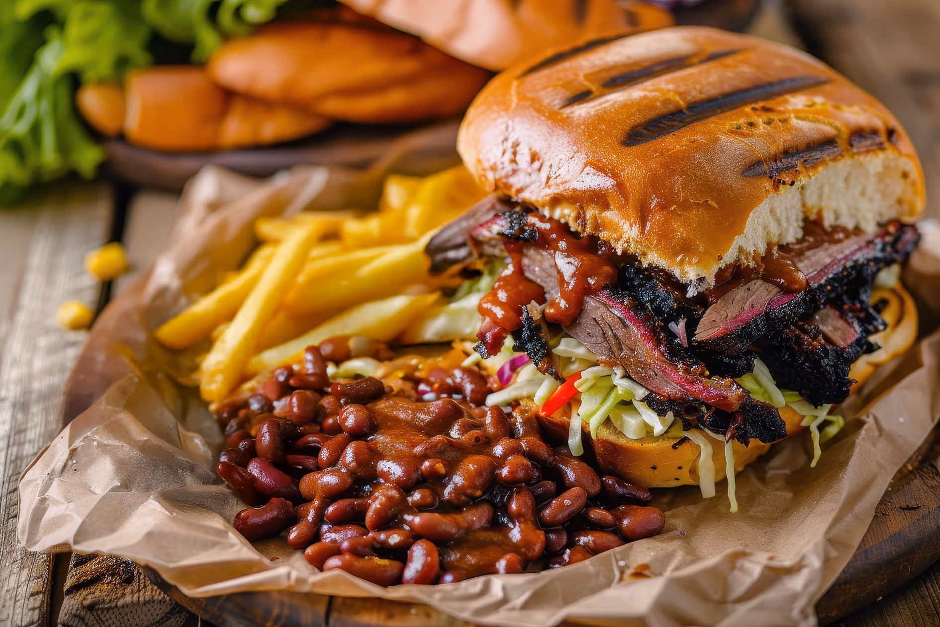 Barbecue brisket sandwich with beans and French fries
