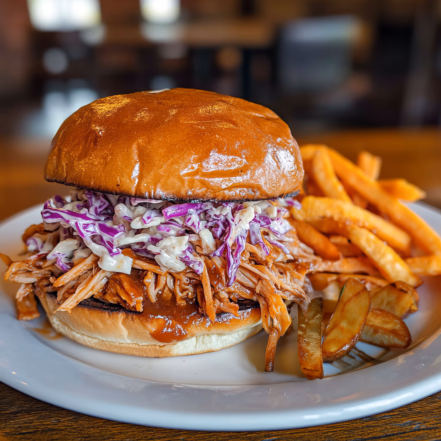 Pulled pork sandwich with coleslaw and a side of fries.