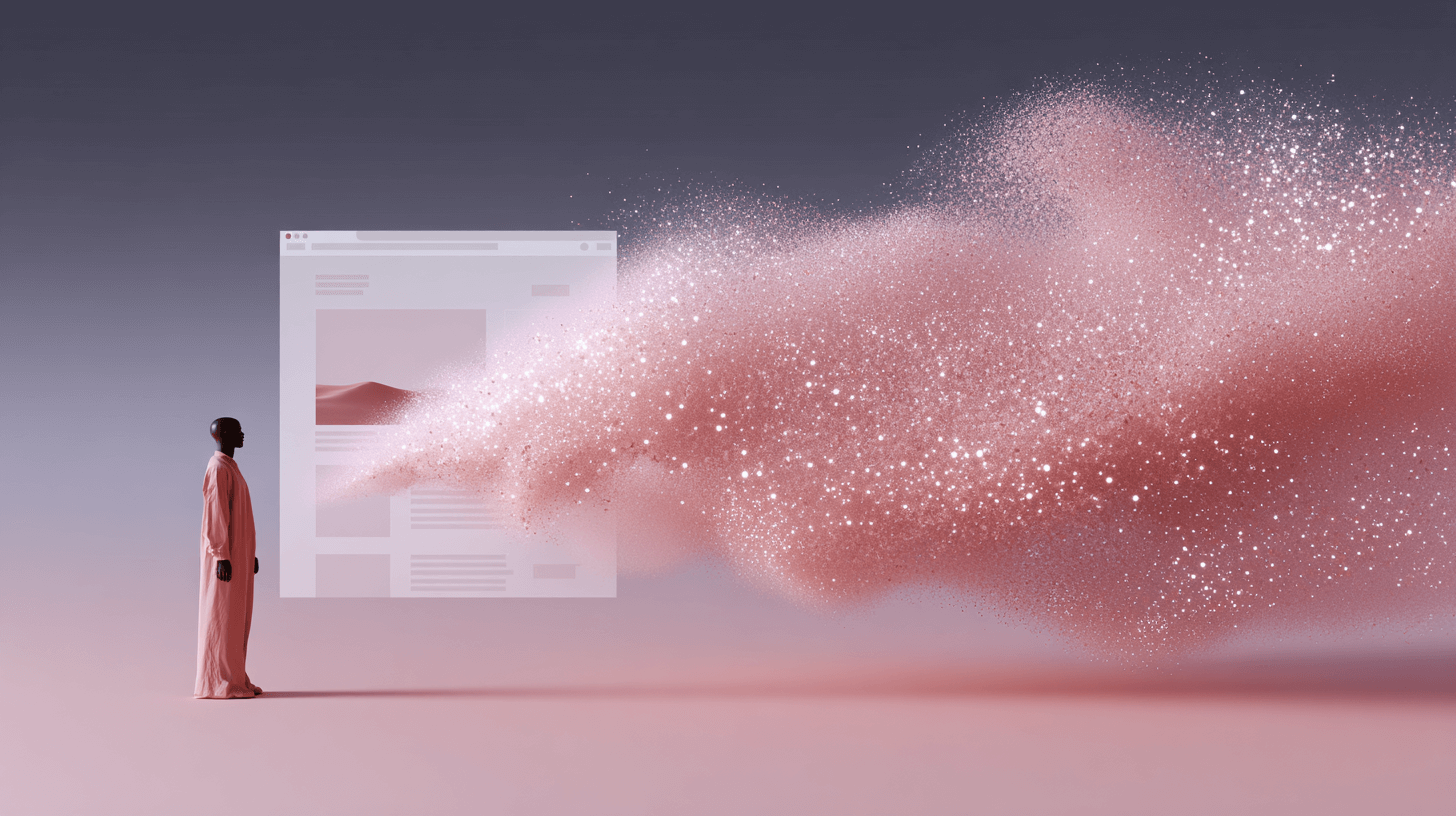 2D surreal illustration of a person facing a dissolving WordPress page made of pink particles, symbolizing forgettable website experiences and memory loss