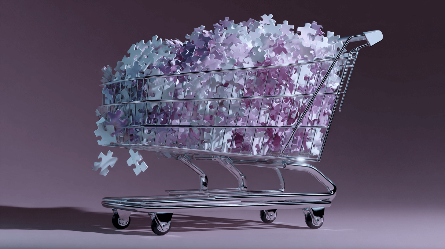 Close-up of shopping cart overflowing with puzzle pieces representing complexity and hidden gaps in custom e-commerce stores.