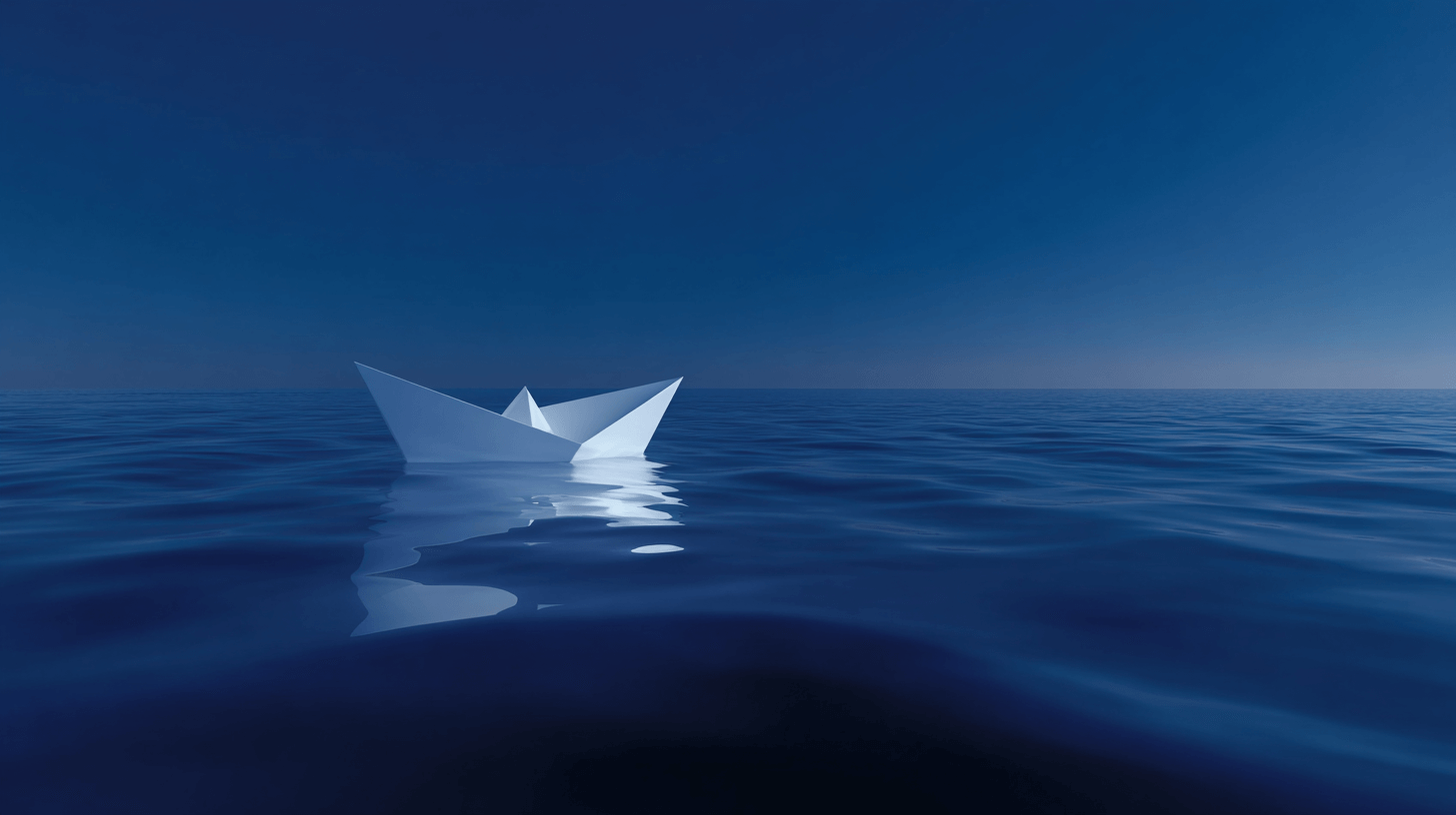 Paper boat floating on the ocean symbolizing fragile security in custom e-commerce development that collapses under real pressure.