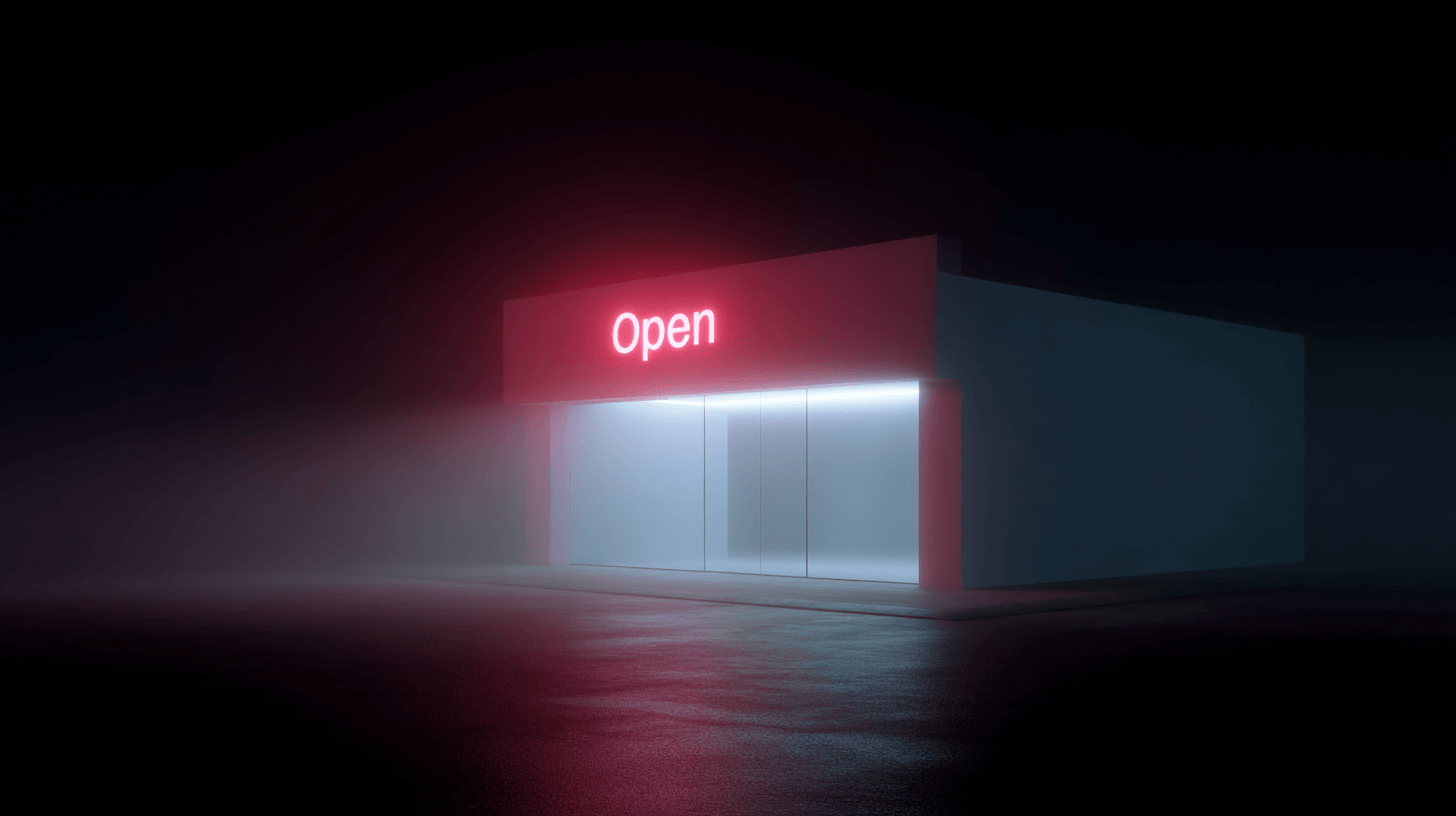 Empty storefront with glowing red ‘Open’ sign symbolizing the false readiness of custom e-commerce development.