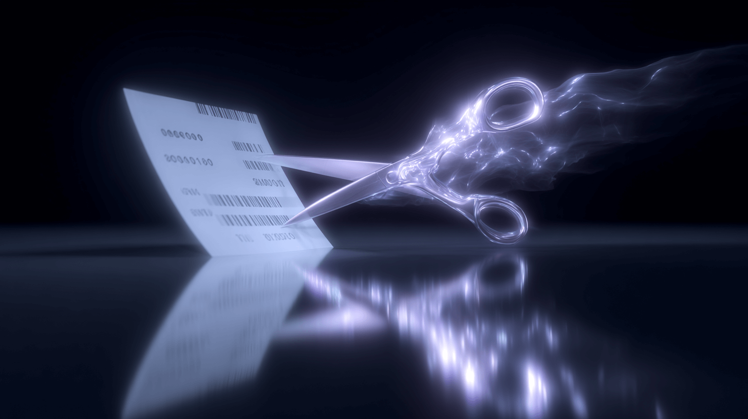 Close-up of scissors shortening an overlong receipt representing reduced website waste and higher ROI.