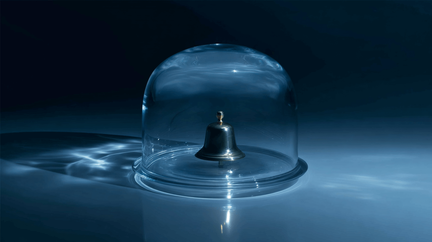 Service bell sealed under a glass dome symbolizing a small-business website that looks open but blocks customer action.