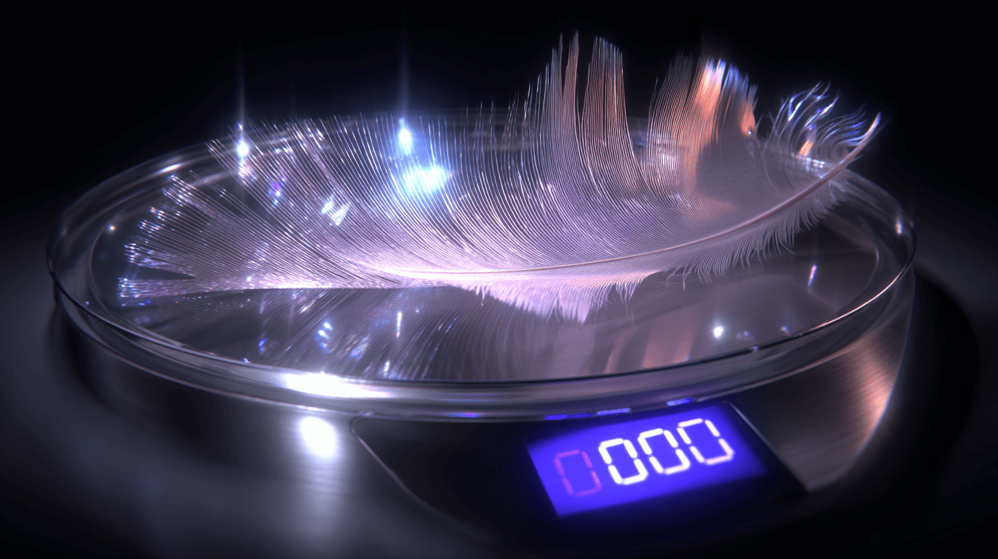 Feather on a digital scale reading 0.00, signaling lightweight, fast-loading mobile pages.