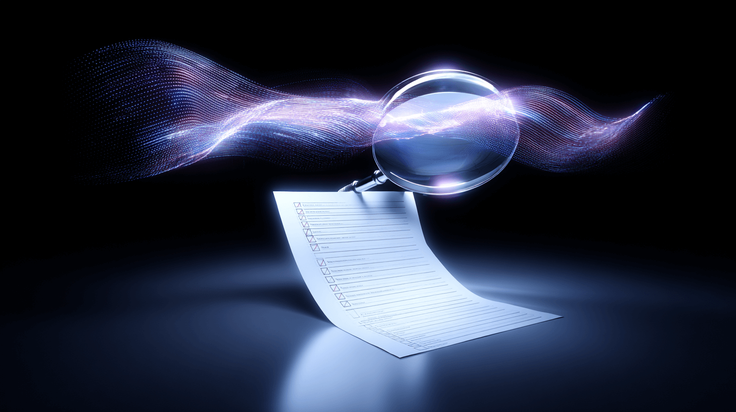 Checklist under magnifying glass with digital waves in the background.