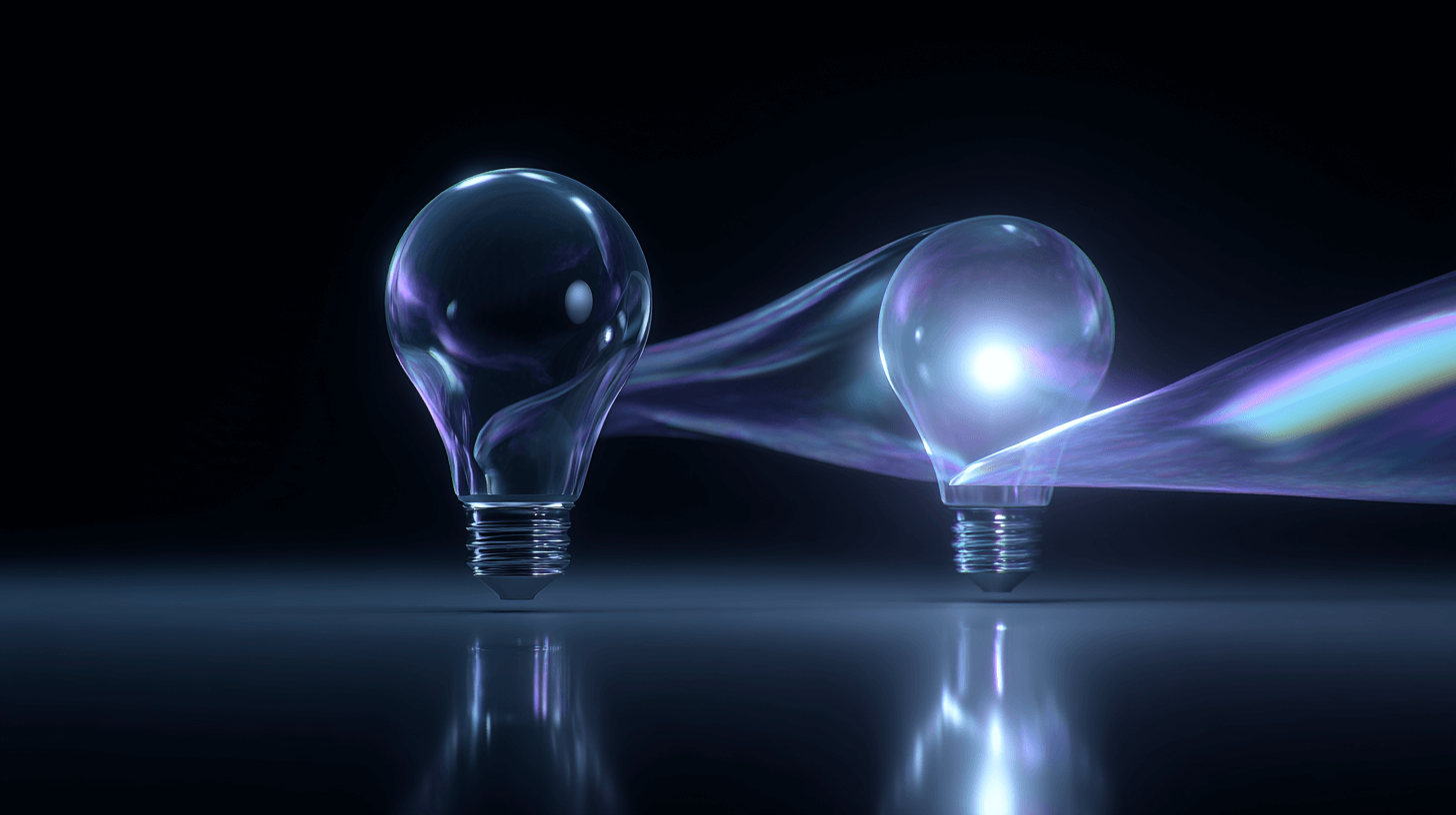 Two light bulbs connected by a glowing filament-like ribbon.