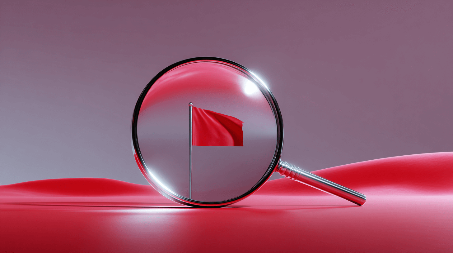 Magnifying glass focusing on a red flag, symbolizing SaaS partner warning signs.