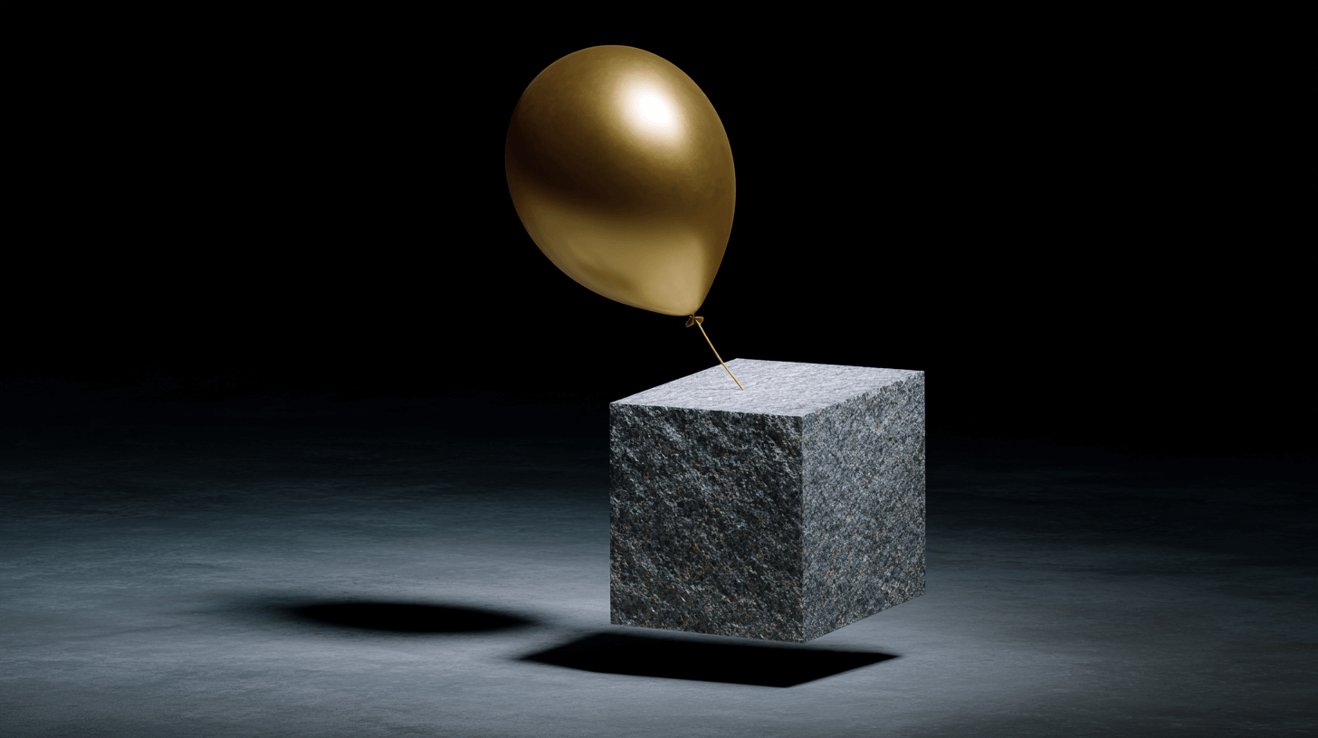 Balloon tied to a concrete block, representing wasted runway and stalled momentum.