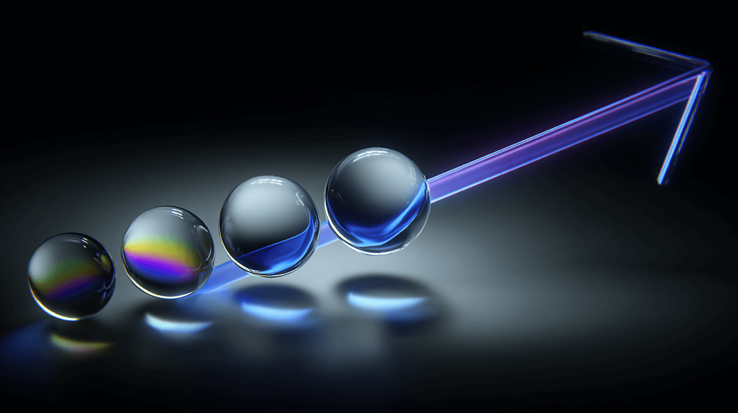 Five glossy dots flowing into an upward arrow, representing intent moving to on-page action with a B2B SEO agency.