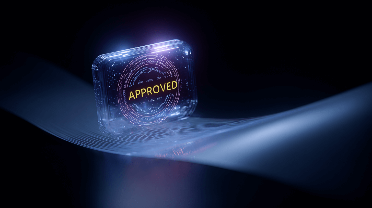 Digital “Approved” stamp glowing above a sleek surface.
