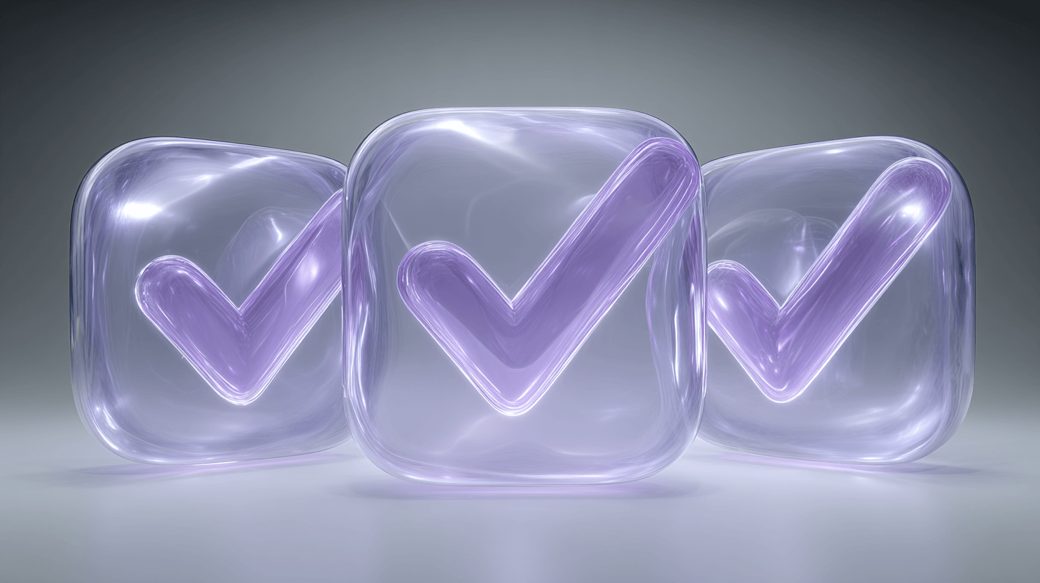 Three translucent checkmark icons in a row glowing in soft purple light.