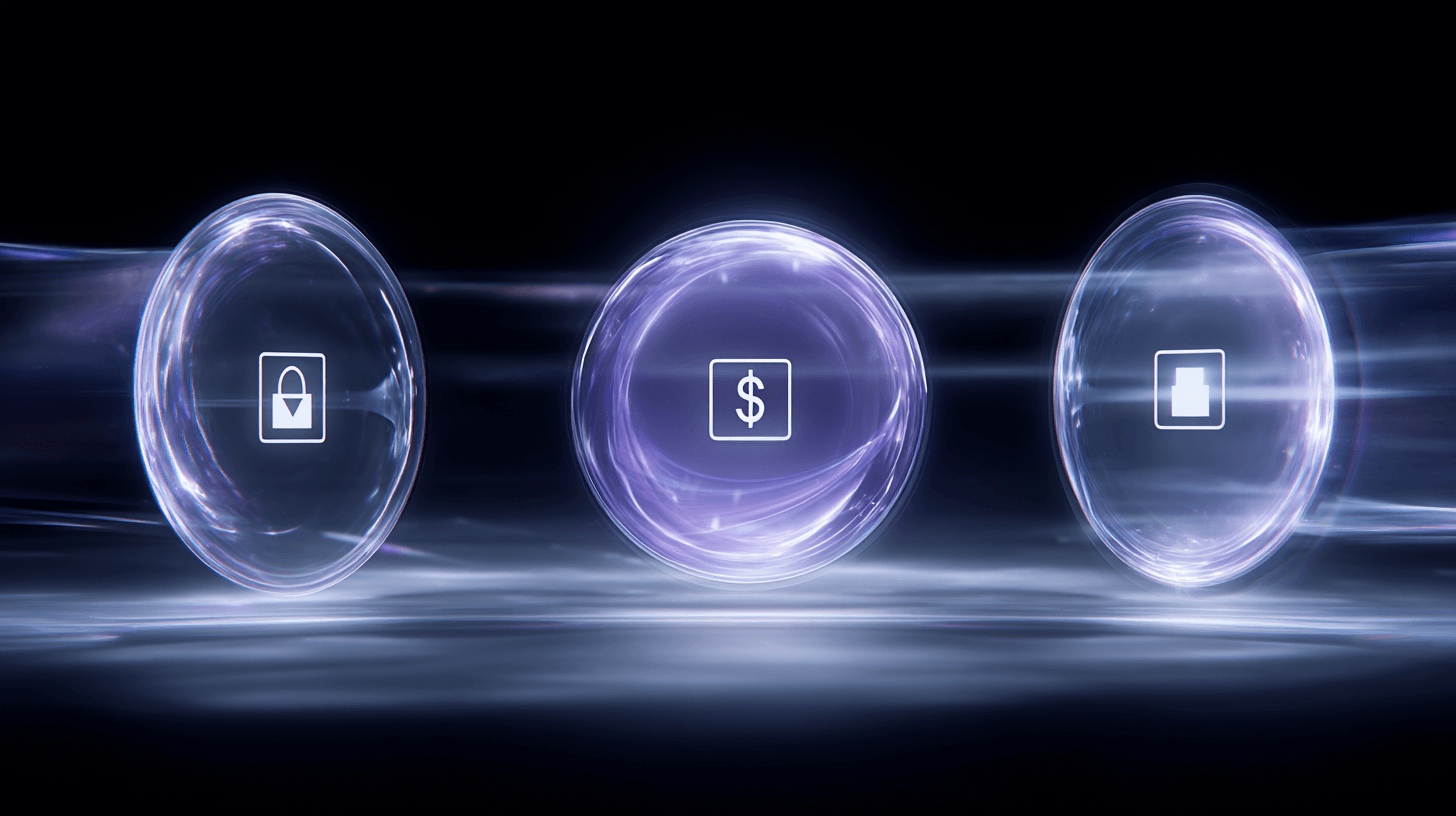 Glowing spheres with icons for trust, pricing, and structure symbolizing the critical decision pages that drive B2B growth.