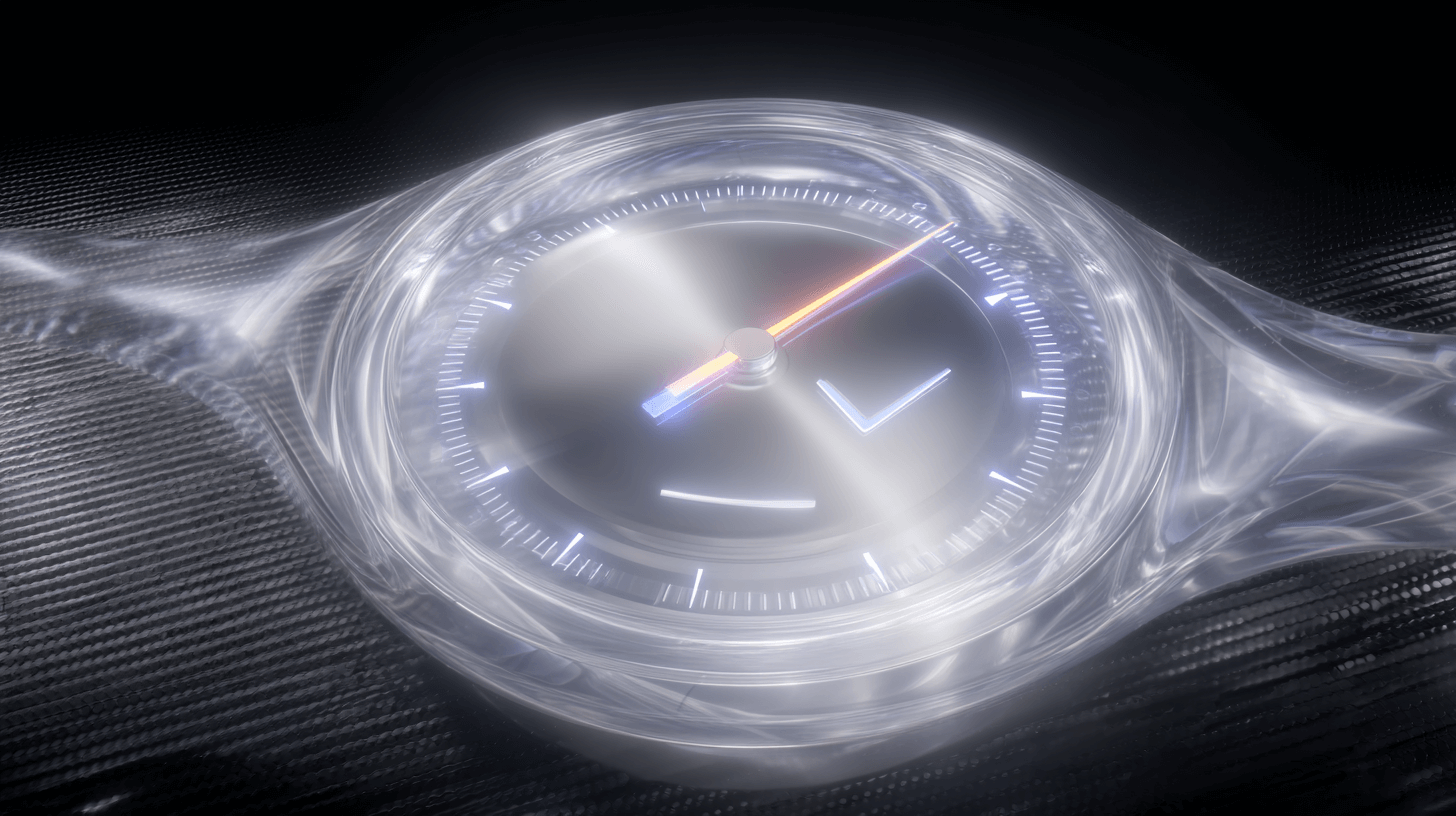 Futuristic glass gauge with a check mark needle, representing measurement of agency impact.