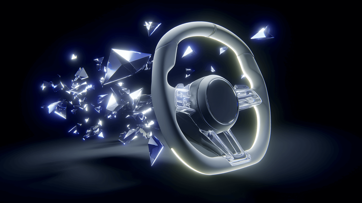 Floating steering wheel with shards, representing SEO on autopilot losing control.