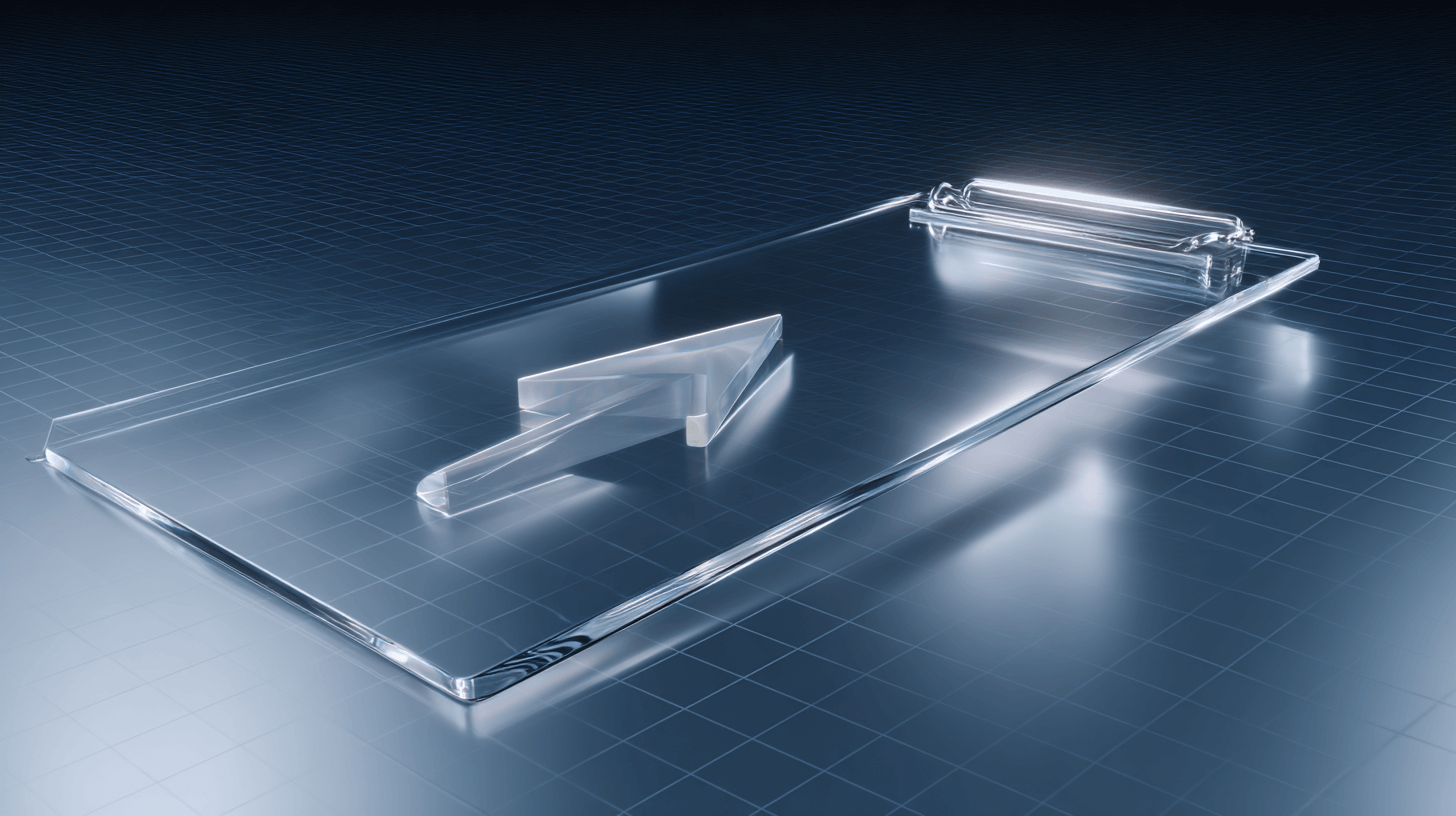 Glass clipboard with arrow — MVP development agency checklist.