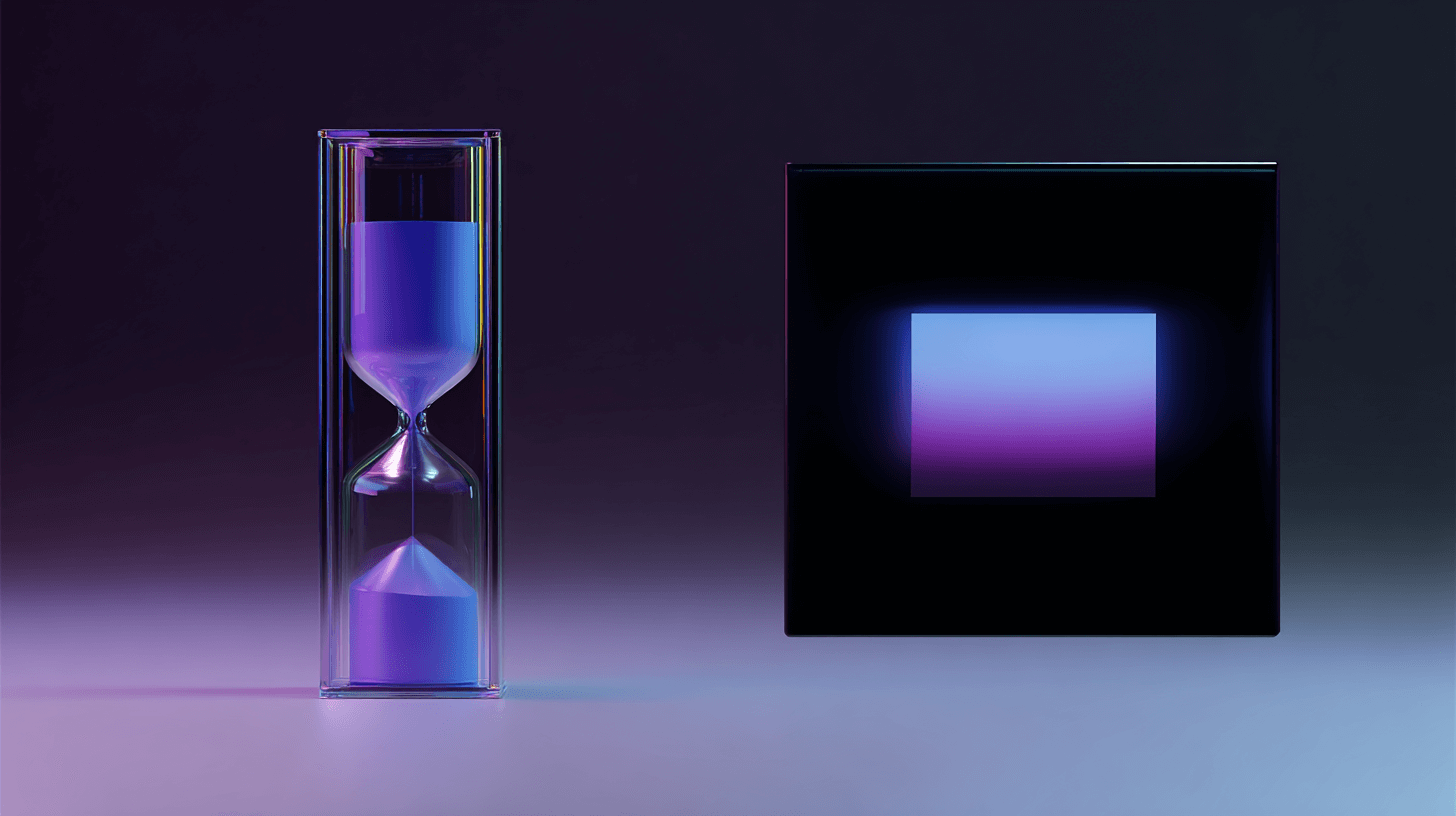 Glass hourglass beside a glowing action block — one-week validation test for an MVP development agency.